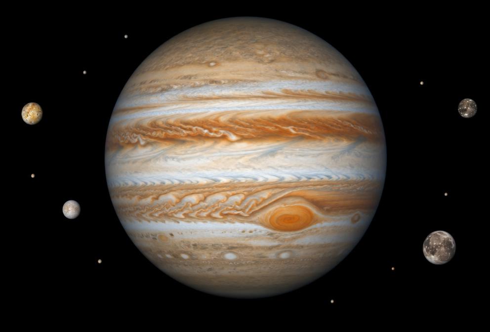 Illustration of Jupiter’s cloud bands, Great Red Spot, and moons