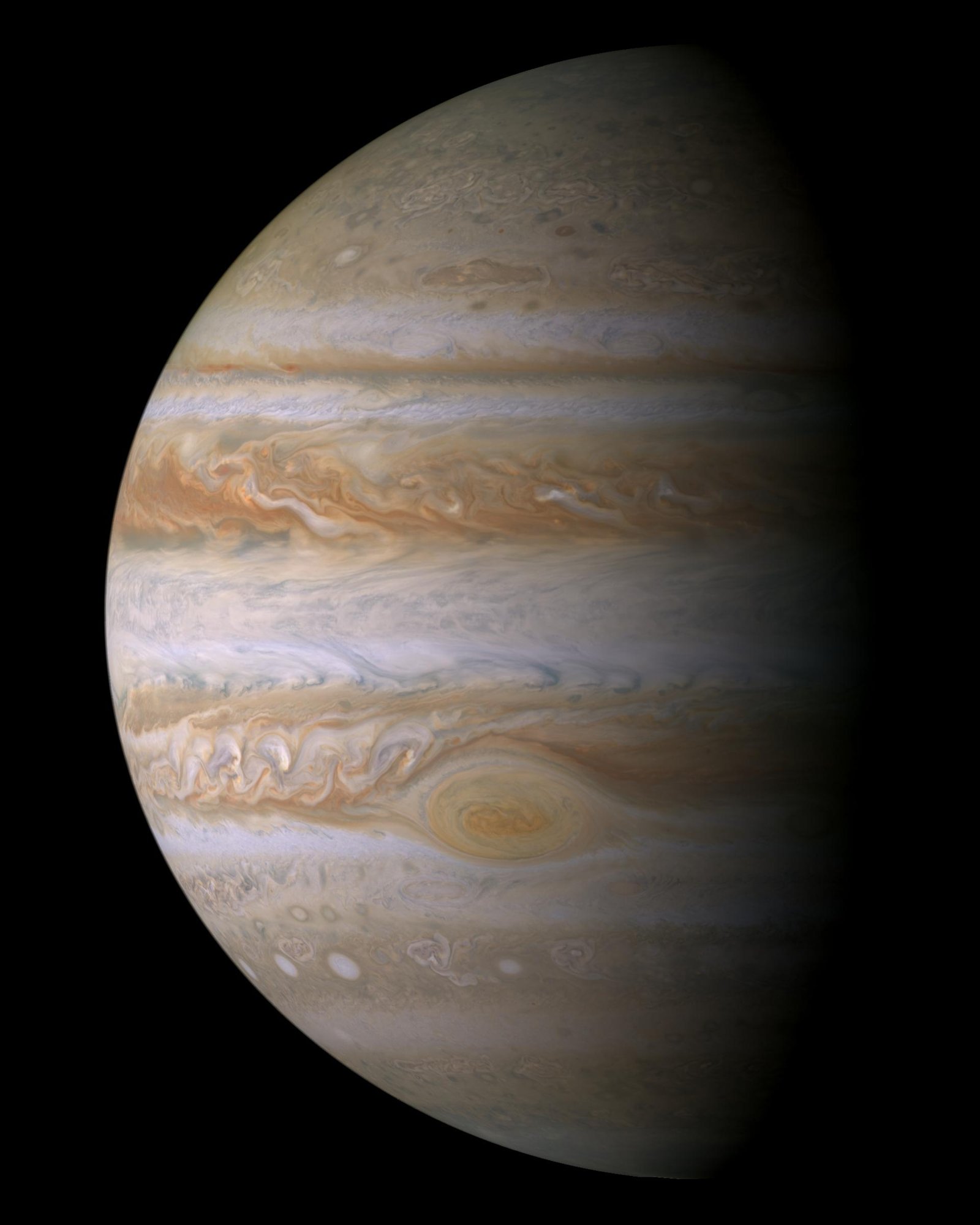 Cassini’s true-color portrait reveals Jupiter’s turbulent cloud bands and Great Red Spot.