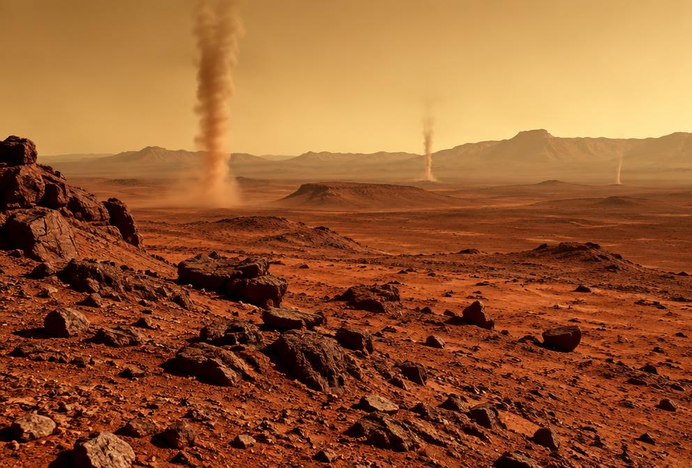 Illustration of rocky Martian terrain and dust devils