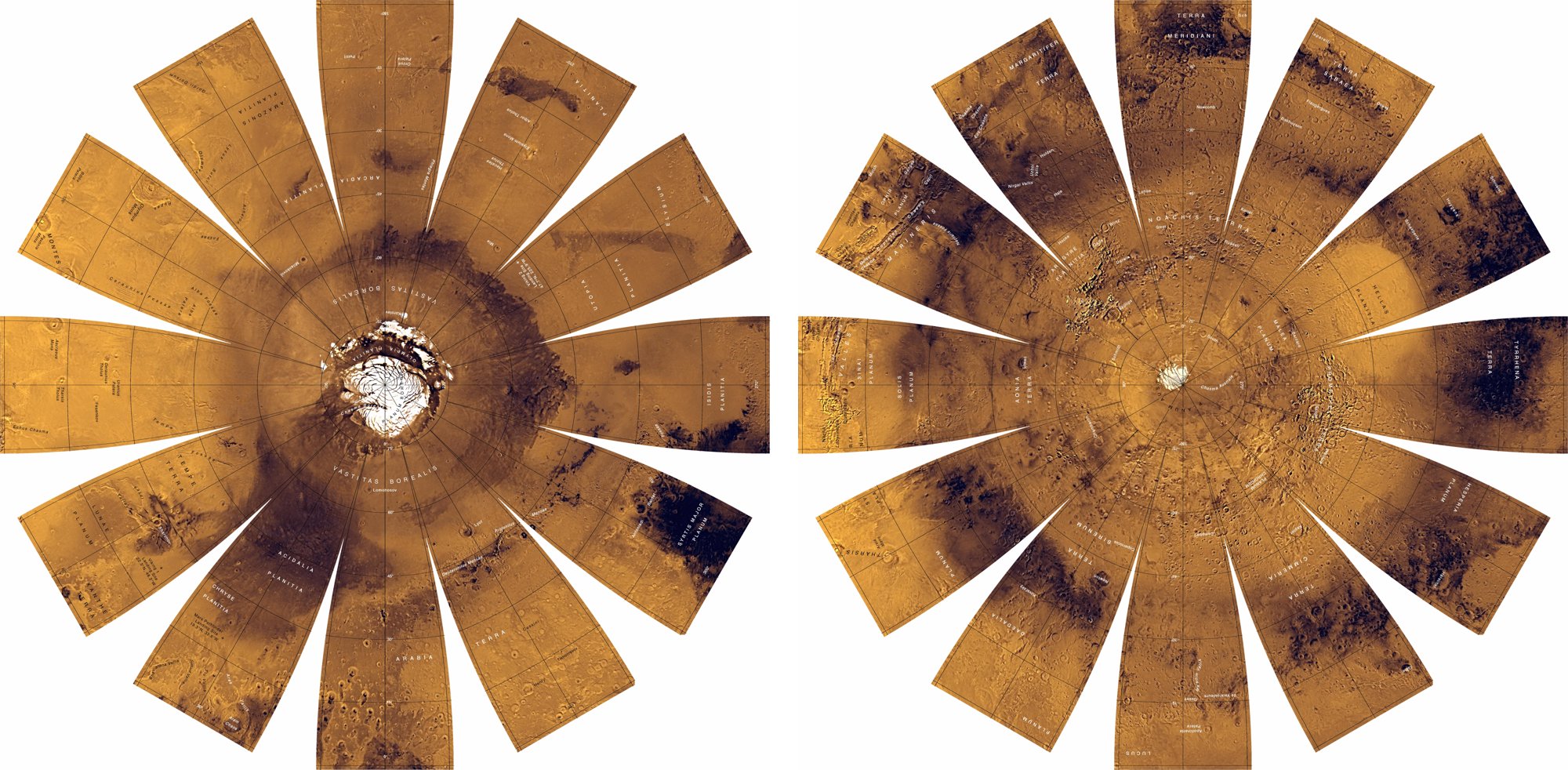 Two views of Mars assembled from thousands of Viking Orbiter images, revealing its polar caps, dark markings and enormous canyons.
