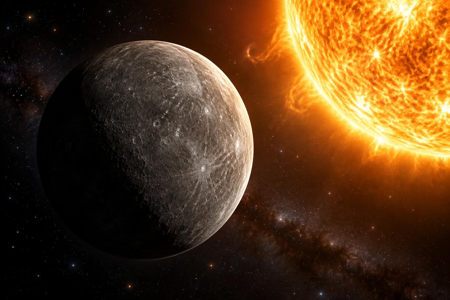 Illustration of cratered Mercury beside the blazing Sun