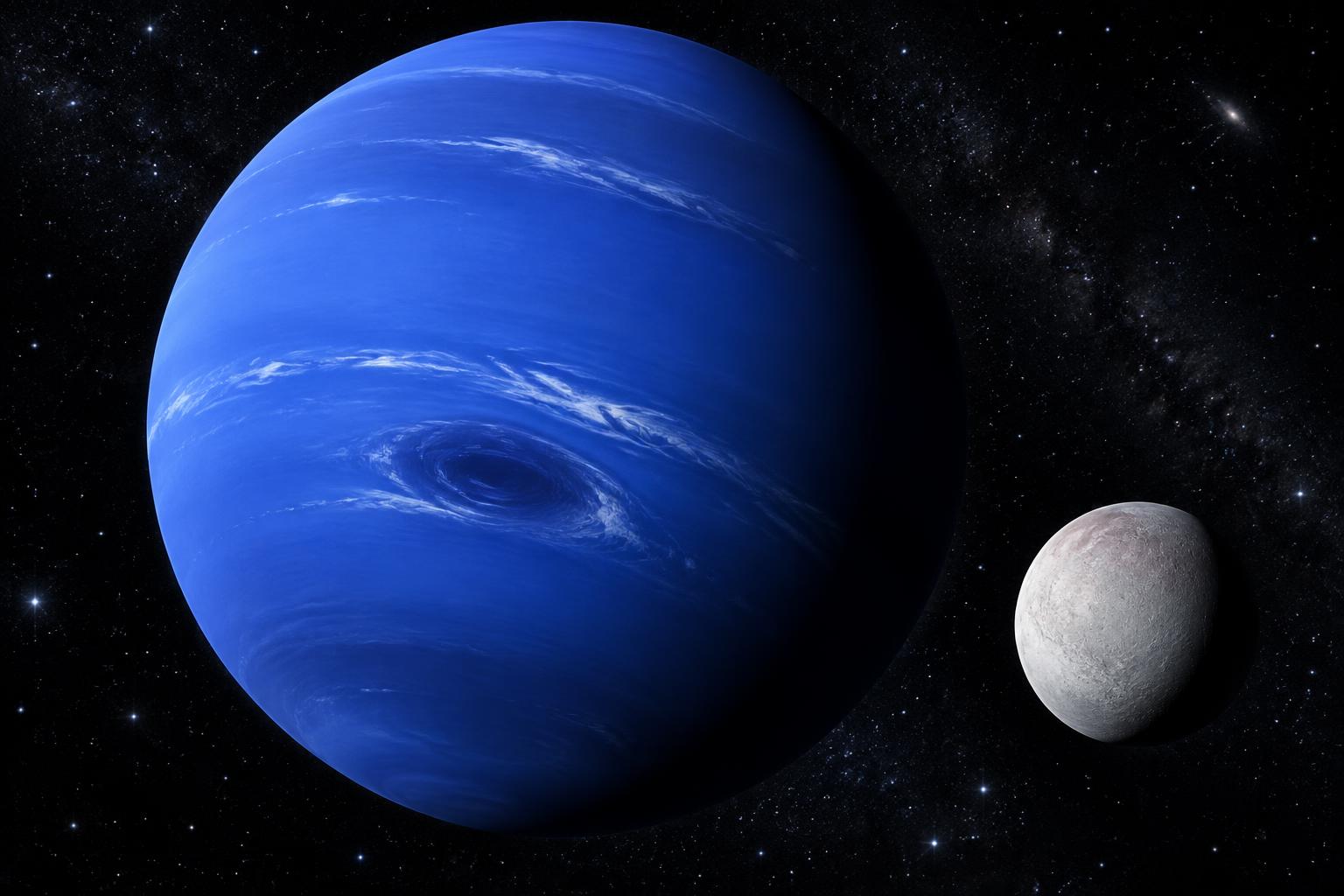 Illustration of deep blue Neptune with its moon Triton
