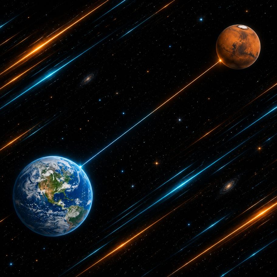 Earth and Mars connected by luminous paths across a starfield — artistic illustration