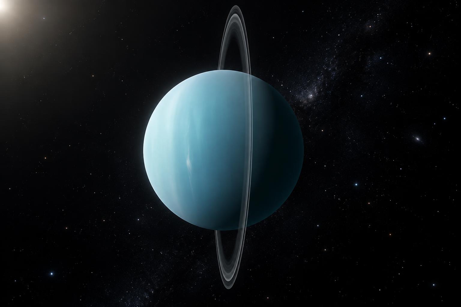 Illustration of pale cyan Uranus tilted on its side with faint rings
