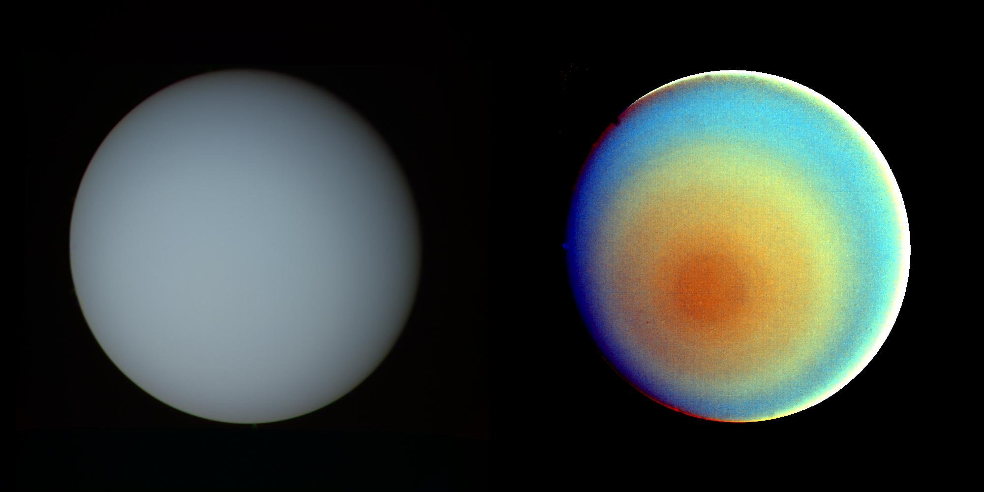 Voyager 2 compares Uranus in true color (left) and false color (right). Enhanced colors reveal subtle atmospheric bands.
