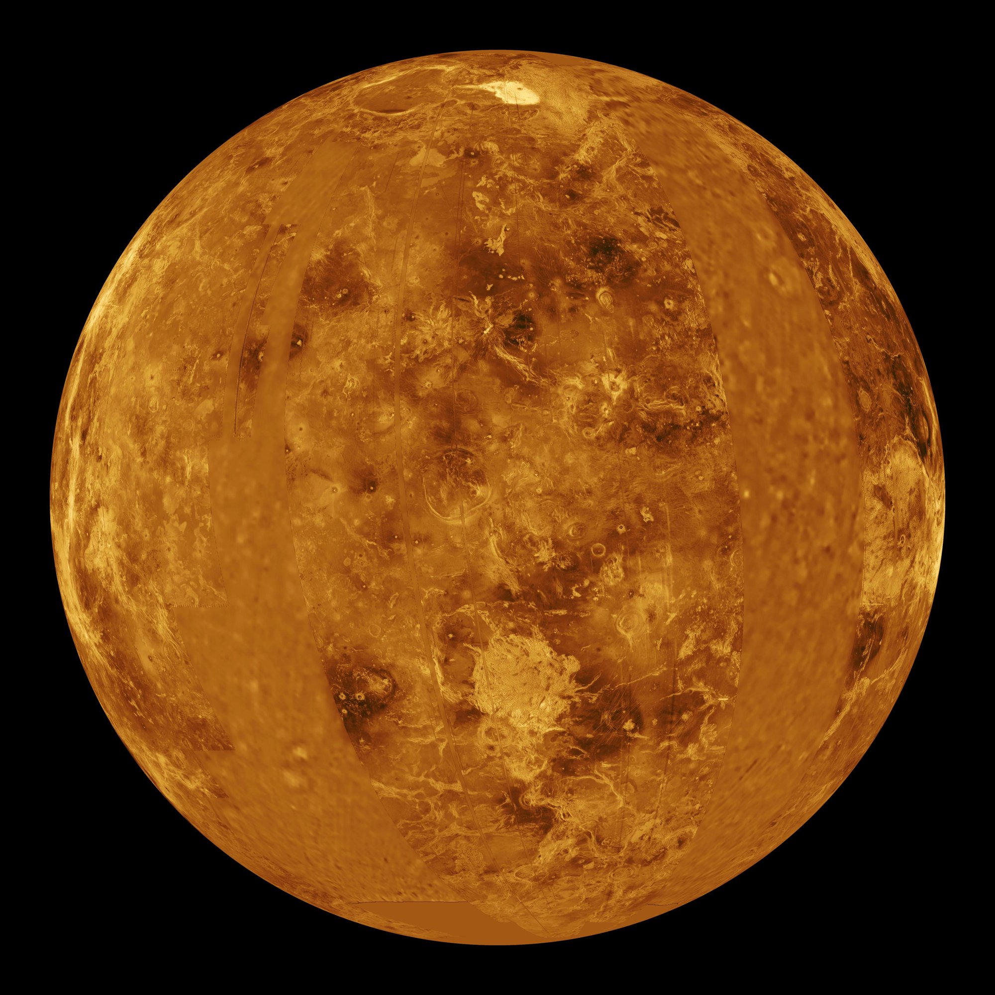 Beneath the clouds: a simulated global view of Venus built from Magellan radar data. Colors represent surface hues; this is not a visible-light photograph.