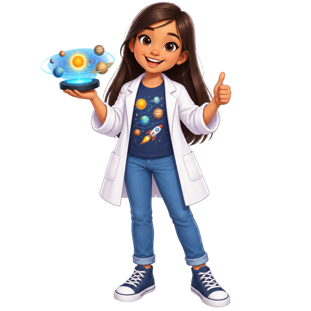 Yana holding a glowing solar system model